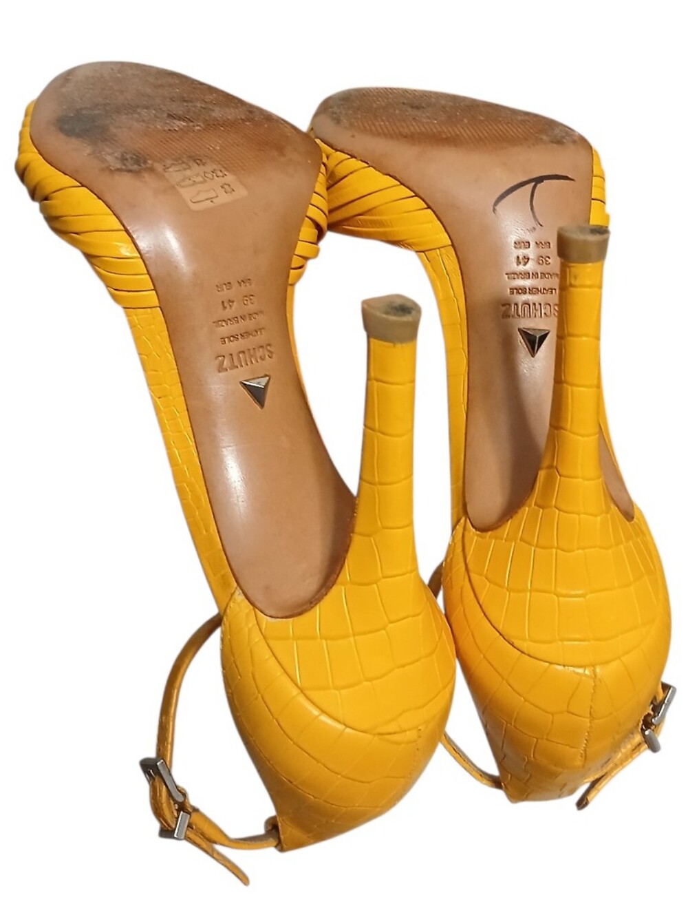 Schutz | Mary Gold Leather Croc Embossed Strappy Peeptoe Heeled Sandals Size 10 - Picture 11 of 13
